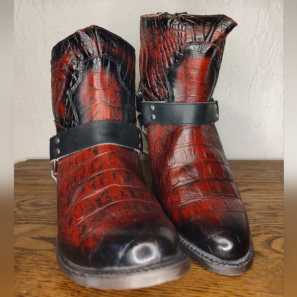 Freebird by Steven Santiago Red and Black Crocodile Motorcycle Ankle Boots - Picture 2 of 9